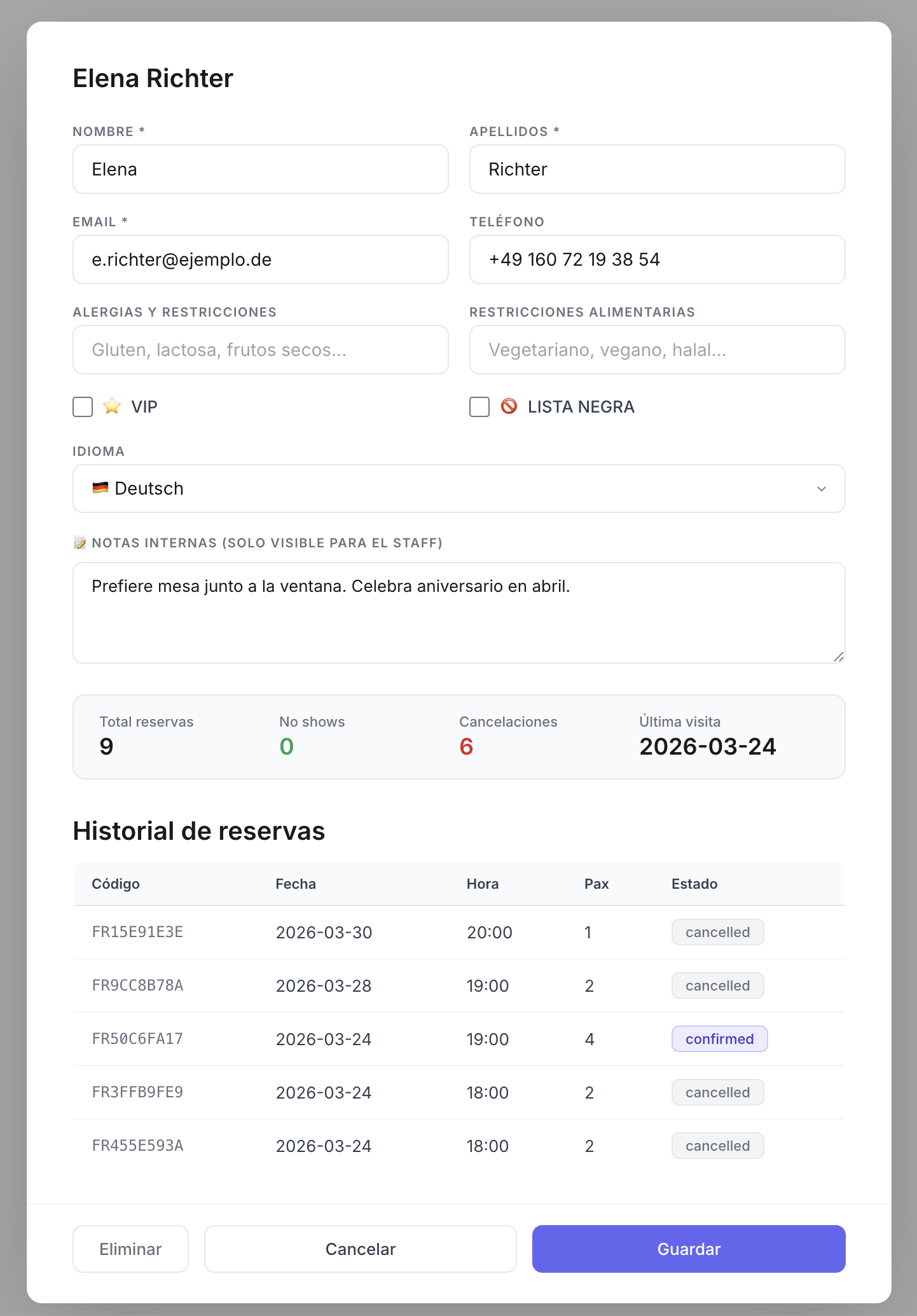 Gestión de clientes de bookings.rest